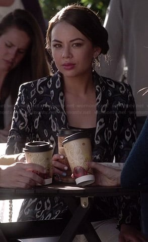 Mona’s black and blue ikat print blazer on Pretty Little Liars