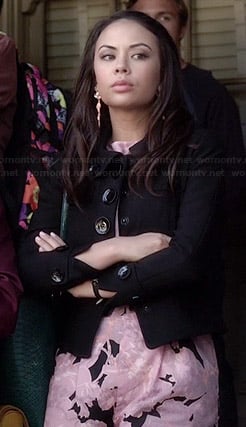 Mona’s pink floral romper and black jacket on Pretty Little Liars