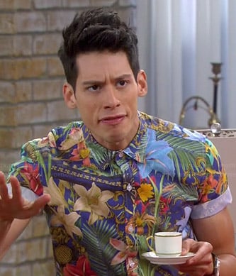 Nick's tropical printed short sleeve shirt on Mystery Girls