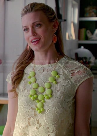 Paige’s yellow lace top and lime green statement necklace on Royal Pains