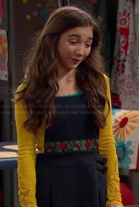 Riley's yellow long sleeved top and navy pinafore on Girl Meets World