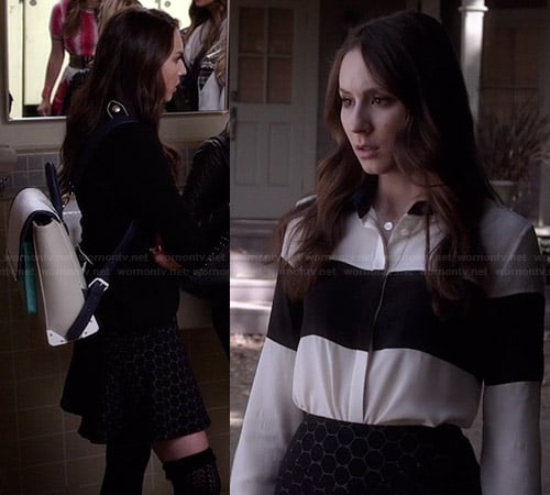 Spencer's black honeycomb print skirt, military style jacket and colorblock backpack on Pretty Little Liars