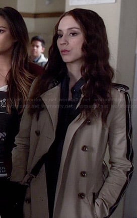 Spencer's trench coat with black leather trim on Pretty Little Liars