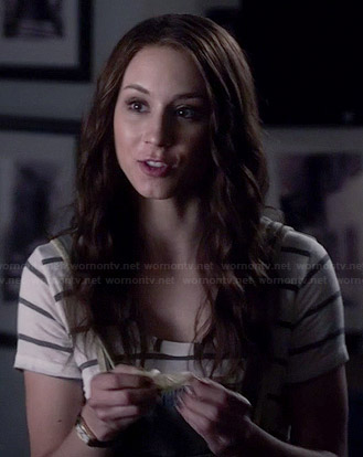 Spencer's overalls and striped tee on Pretty Little Liars