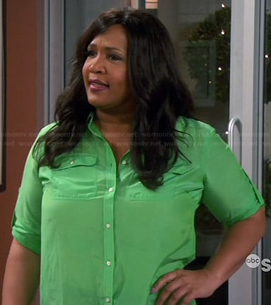 Yolanda's green button front shirt on Young and Hungry