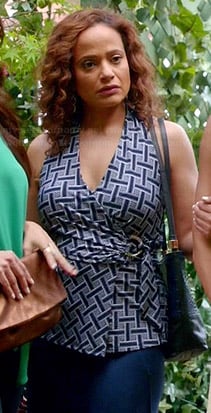 Zoila's blue lattice printed wrap top on Devious Maids