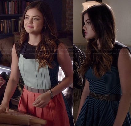 Aria's blue and orange apron and blue and black striped dress on Pretty Little Liars