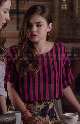 Aria’s pink striped cropped tee and floral maxi skirt on Pretty Little Liars