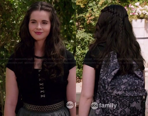 Bay’s black cropped top and lace backpack on Switched at Birth