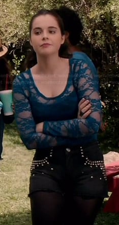 Bay's blue lace long sleeve top and black studded shorts on Switched at Birth