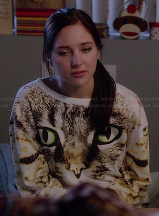 Brenna's cat face sweatshirt on Chasing Life