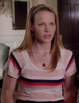 Daphne’s white, pink and navy striped tee on Switched at Birth
