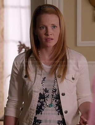 Daphne’s striped and floral print top with white denim jacket on Switched at Birth