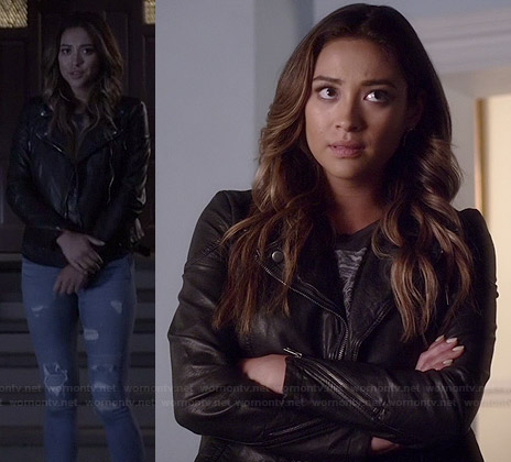Emily's black leather moto jacket, tiger graphic tee and ripped jeans on Pretty Little Liars