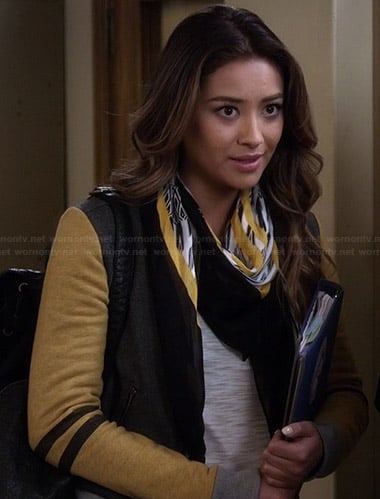 Emily's bomber jacket with yellow sleeves on Pretty Little Liars