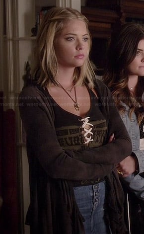 Hanna's lace up top and draped cardigan on Pretty Little Liars