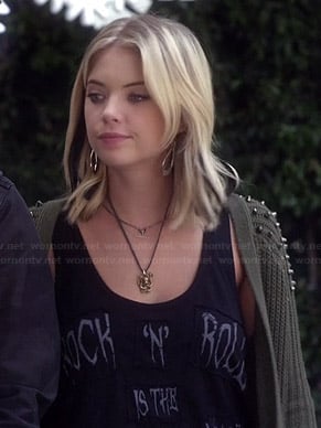 Hanna's 'Rock n Roll is the Devil's Music' Tee and green studded shoulder cardigan on Pretty Little Liars