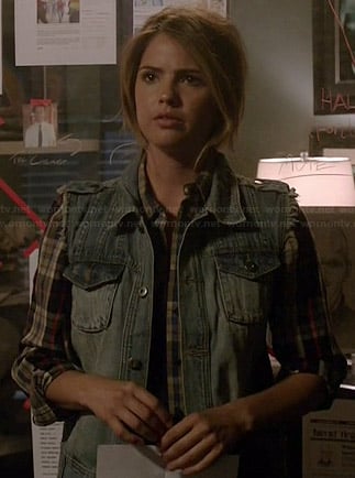 Malia's plaid shirt and denim vest with crochet back on Teen Wolf