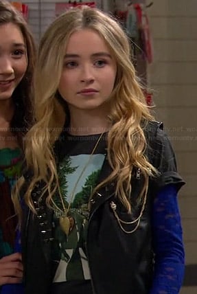 Maya’s Abbey Road (The Beatles) tee, blue lace long sleeve top and studded leather vest on Girl Meets World
