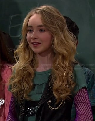 Maya’s green studded lips tee and studded leather vest on Girl Meets World