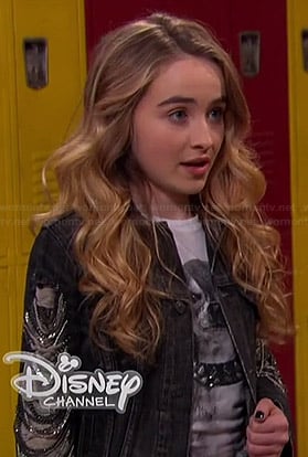 Maya's dog tee with studded collar and denim jacket with chain sleeves on Girl Meets World