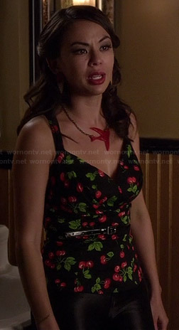 Mona's cherry print top, red bird necklace and ice cream earrings on Pretty Little Liars
