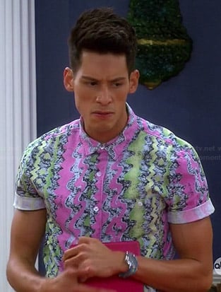 Nick's pink and green printed shirt on Mystery Girls