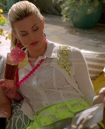 Paige's neon floral skirt, white eyelet top and embellished cardigan on Royal Pains