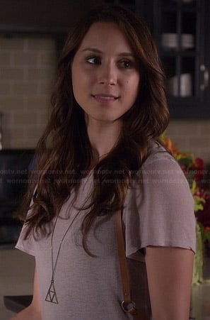Spencer's grey t-shirt dress and leather harness on Pretty Little Liars