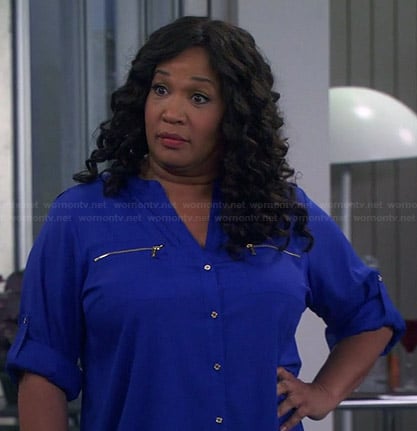 Yolanda's blue zip pocket blouse on Young and Hungry