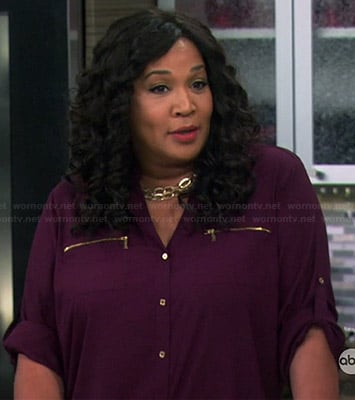 Yolanda’s purple zip pocket blouse on Young and Hungry