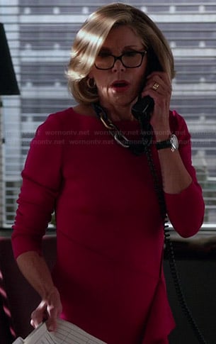 Diane's pink long sleeved dress with side ruffle on The Good Wife