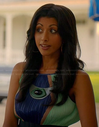 Divya's blue and green pleated colorblock dress on Royal Pains