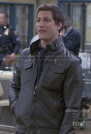 Jake's brown leather jacket with zip pockets on Brooklyn Nine-Nine