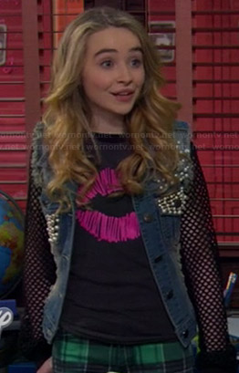 Maya’s pink lips tee and pearl embellished denim vest on Girl Meets World