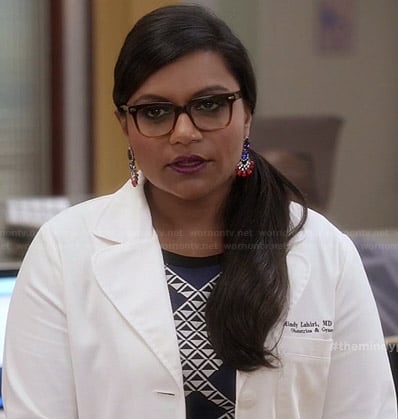 Mindy’s blue geometric patterned dress on The Mindy Project