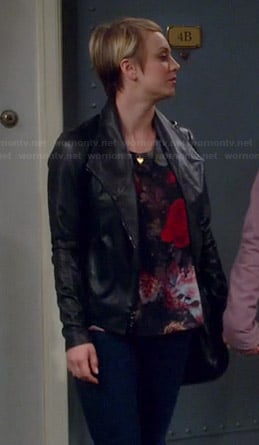 Penny’s floral top and black leather jacket on The Big Bang Theory