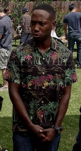 Winston's black tropical palm tree print shirt on New Girl