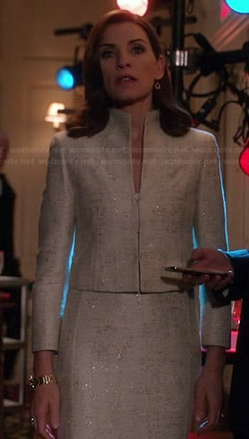 Alicia's white metallic dress and matching jacket on The Good Wife