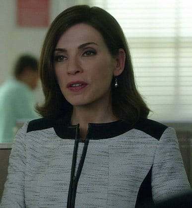 Alicia's white tweed jacket with black trim on The Good Wife