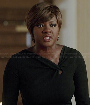 Annalise’s black twist neck dress on How to Get Away with Murder