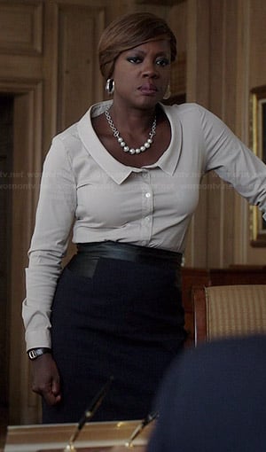 Annalise's white scoopneck collared shirt on How to Get Away with Murder