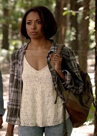 Bonnie's cream lace tank top and grey plaid shirt on The Vampire Diaries