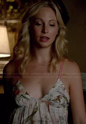 Caroline’s white bird print cami on The Vampire Diaries