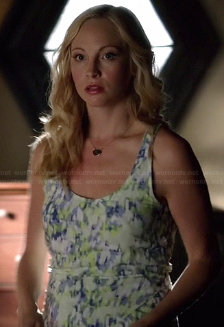 Caroline's blue and green printed tank top on The Vampire Diaries
