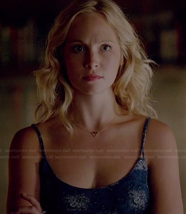 Caroline’s blue printed cami and triangle necklace on The Vampire Diaries