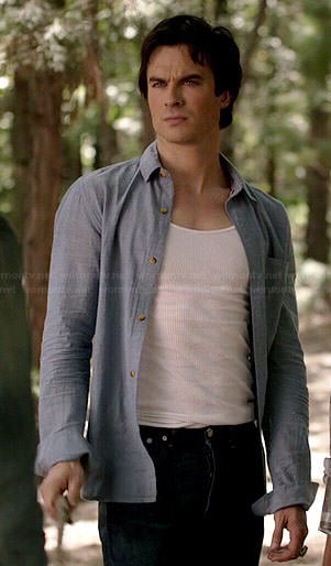 Damon's blue button down shirt on The Vampire Diaries