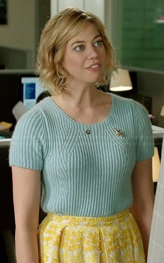 Dana's blue short sleeved sweater and yellow embroidered skirt on Manhattan Love Story