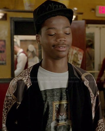 Dash's tiger graphic tee and black bomber jacket with chain printed sleeves on Red Band Society