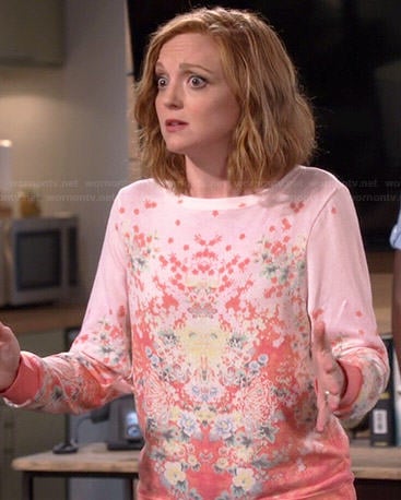 Debbie's peach pink floral sweater on The Millers
